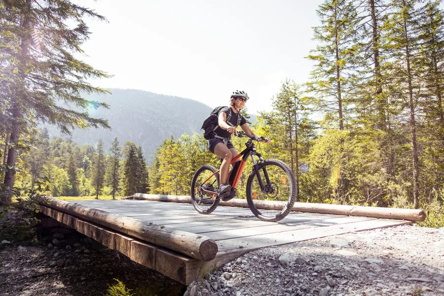 Cyclist riding an e-bike through a sunny forest