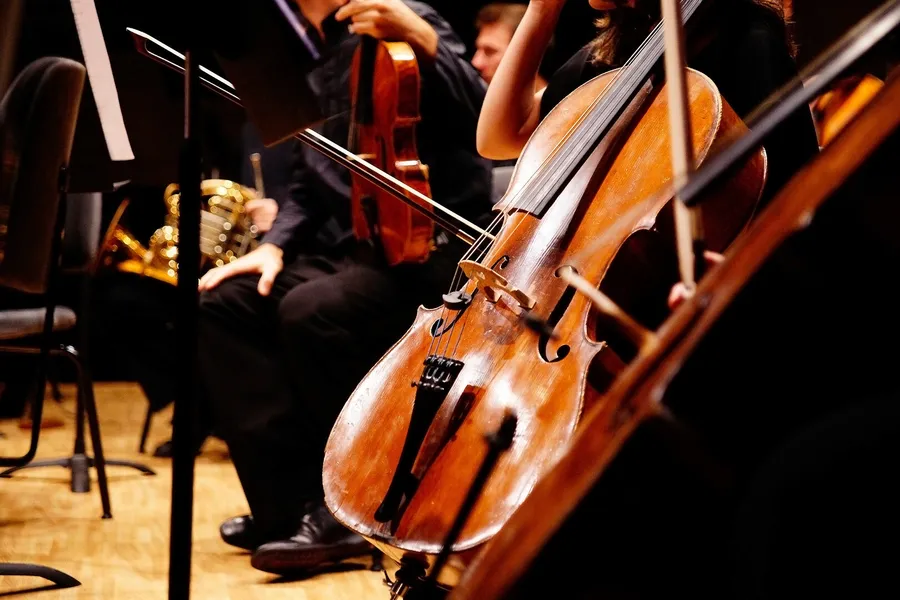 Orchestra instruments waiting on stage before a performance