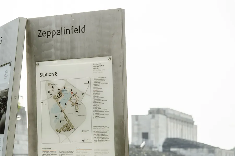 Information board at the Zeppelinfeld former Nazi Party Rally Grounds in Nuremberg